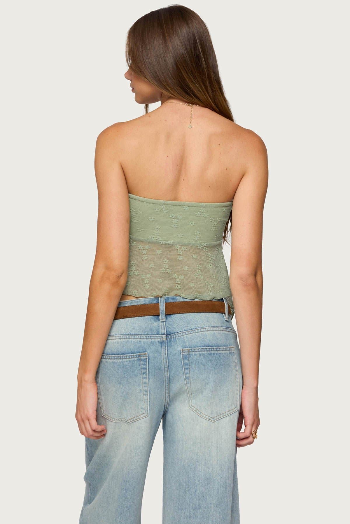 Embroidered Sheer Strapless Top with Asymmetric Hem and Front Tie
