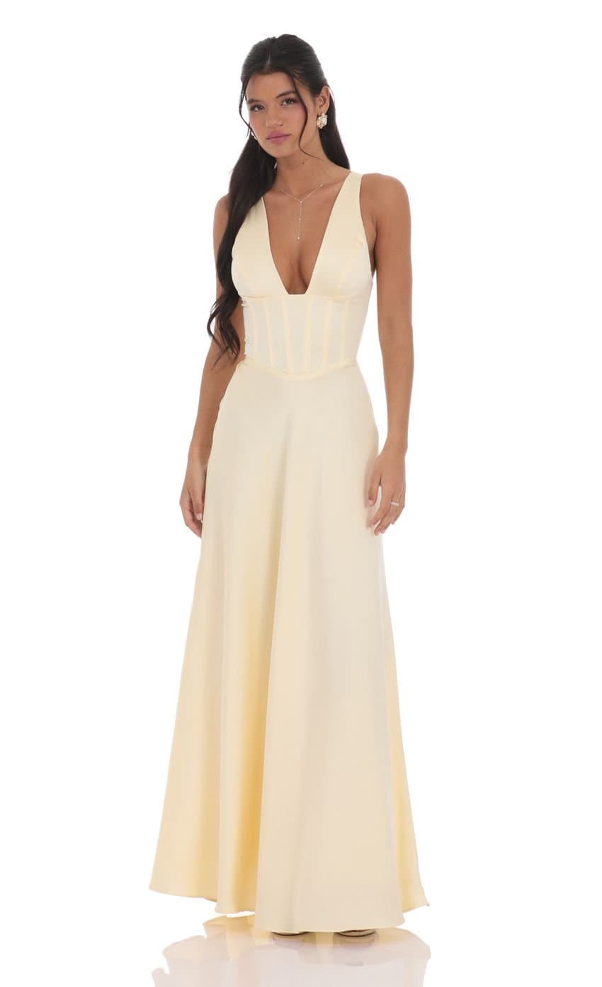 Satin Plunge Neck Corset Maxi Dress in Yellow