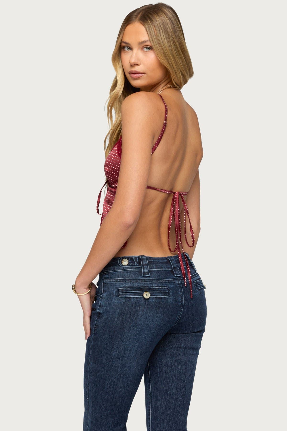 Backless Satin Effect Polka Dot Tank Top with Adjustable Straps - Polyester Spandex