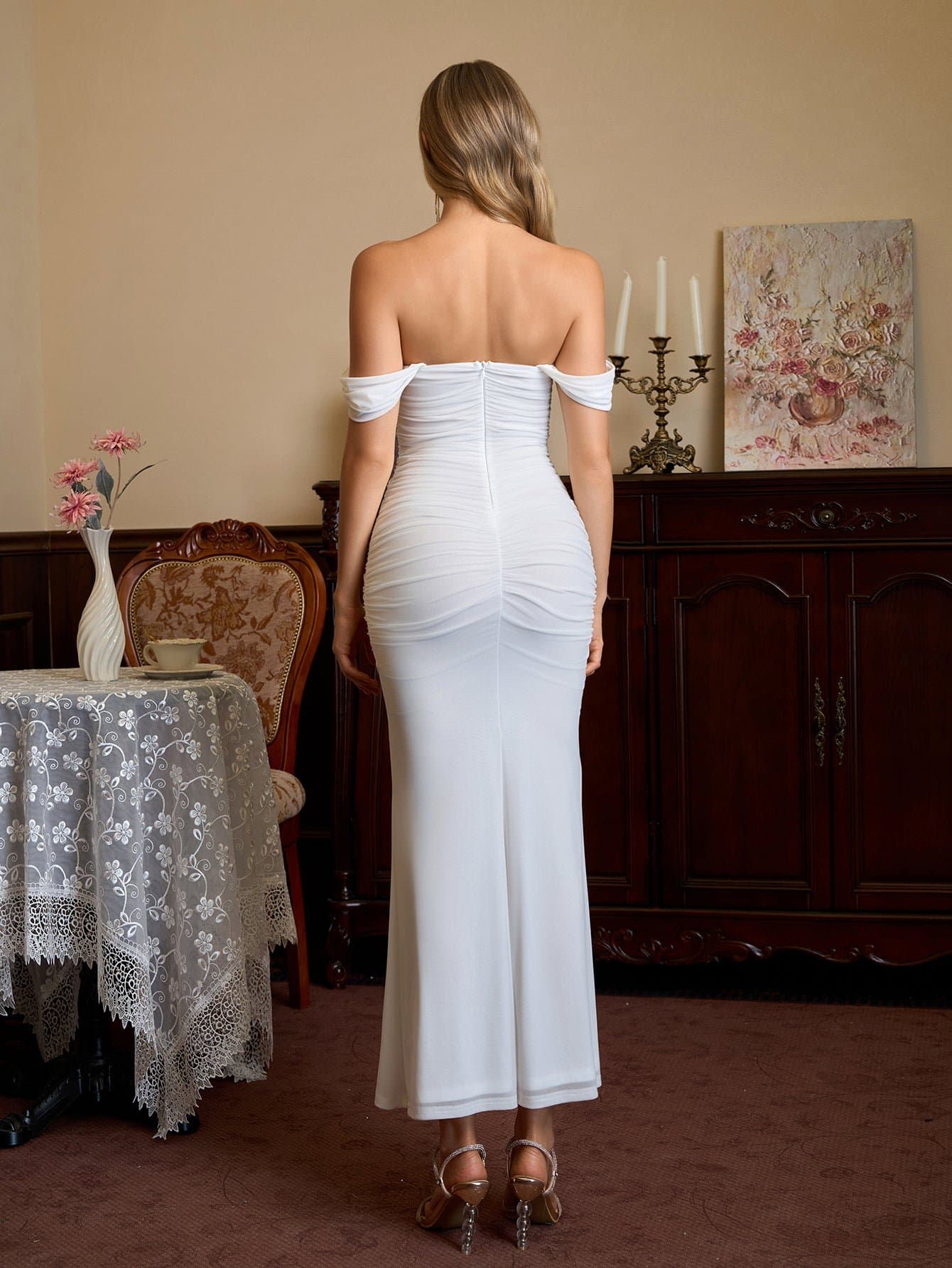 Off Shoulder Ruched Zipper Back Bodycon Dress