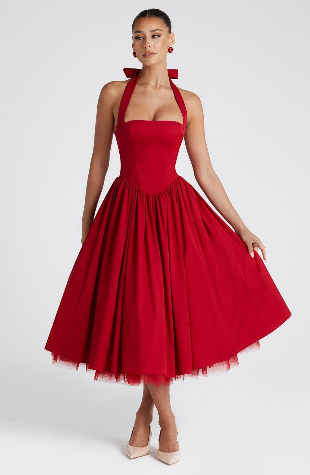 Cressida Midi Dress - Red Cotton Nylon Elastane Voile Square Halter Neckline