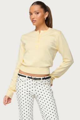 Yolana Henley Light Knit Sweater - Polyester Rayon Button Detail Ribbed Trim