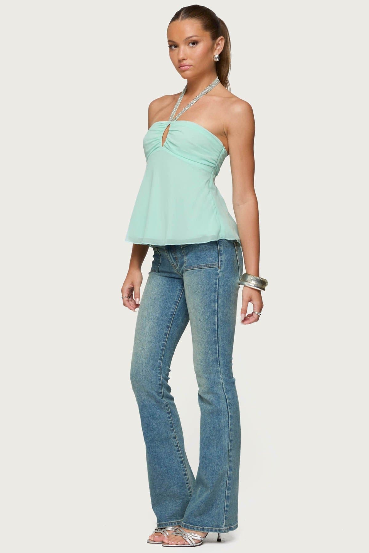 Sequin Chiffon Keyhole Halter Top with Smocked Back and Ruched Bust