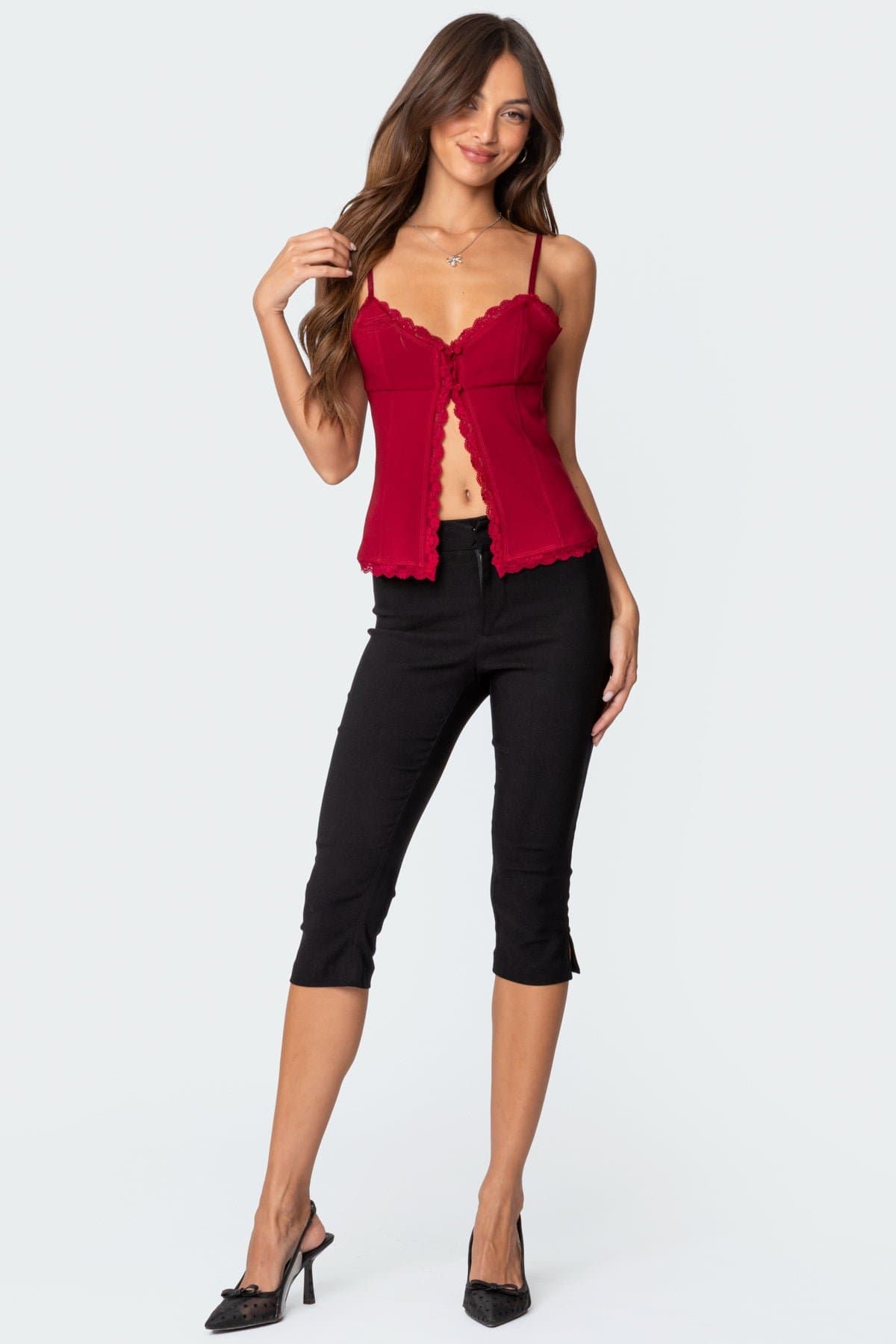 Crimson Lacey Split Front Top with Adjustable Straps and Lace Trim