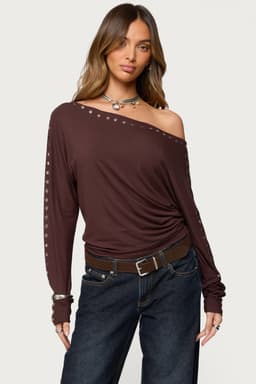 Paola Off Shoulder Stud Top with Long Sleeves and Cinched Waist in Rayon Spandex