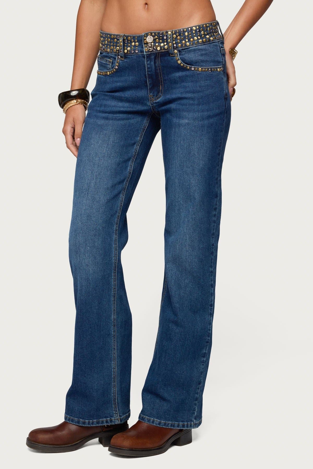 Studded Low Rise Straight Leg Jeans - Stretch Denim Cotton Polyester Spandex