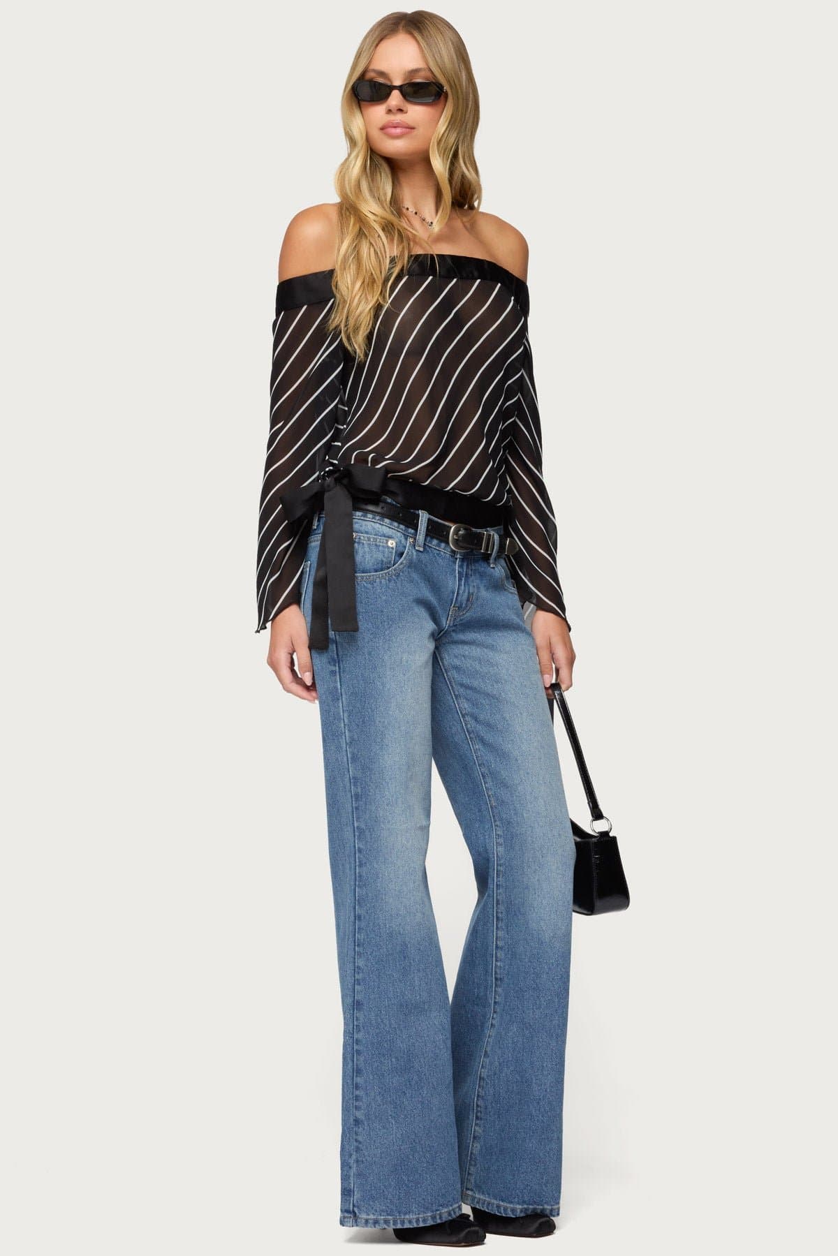 Diagonal Striped Off Shoulder Chiffon Top with Long Sleeves