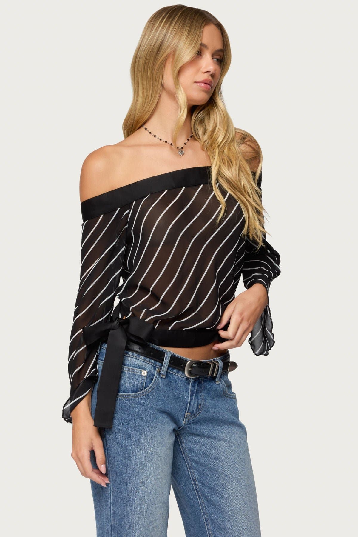 Diagonal Striped Off Shoulder Chiffon Top with Long Sleeves