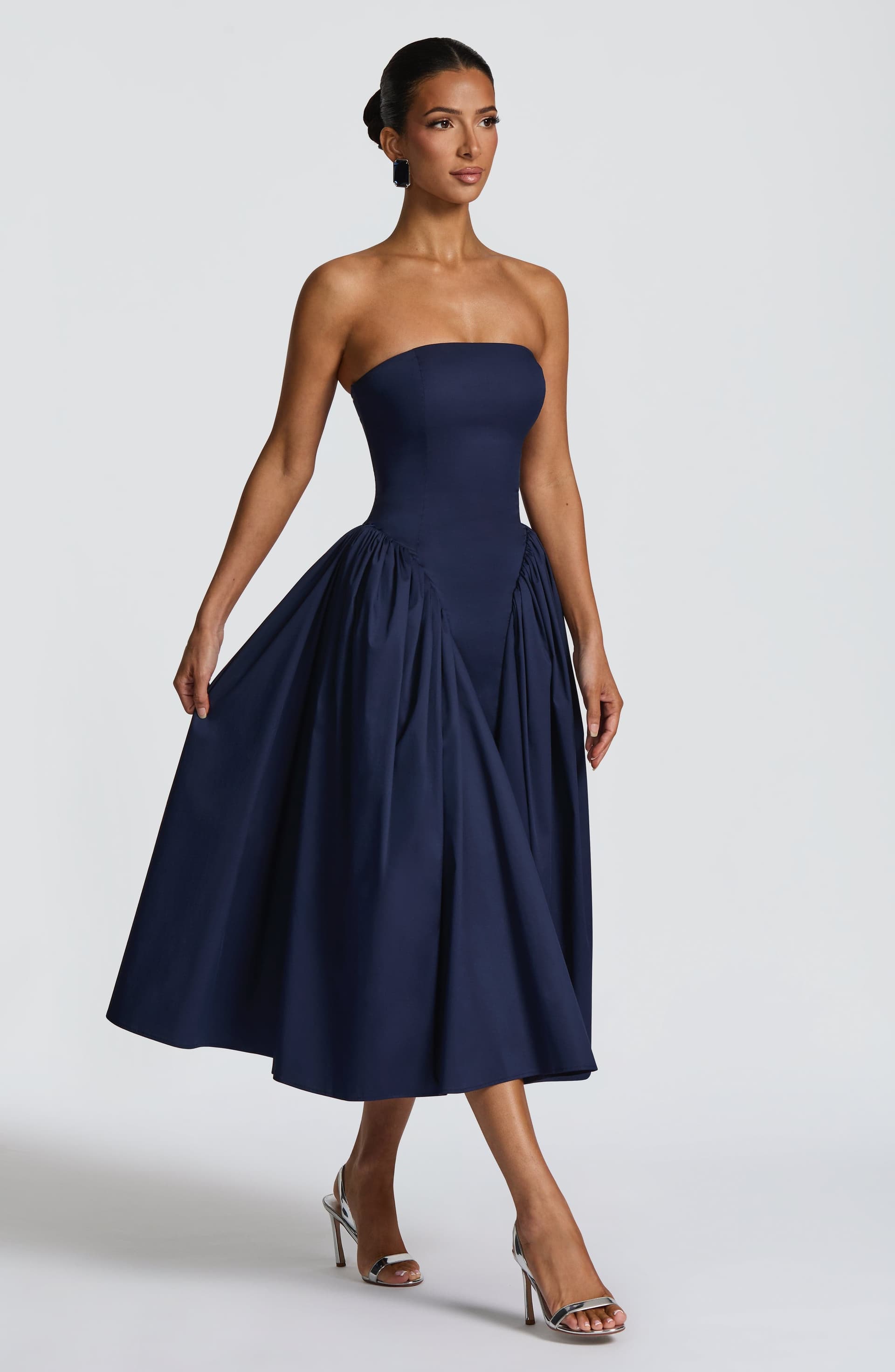 Darla Midi Dress - Navy Strapless Boned Bodice Full Skirt
