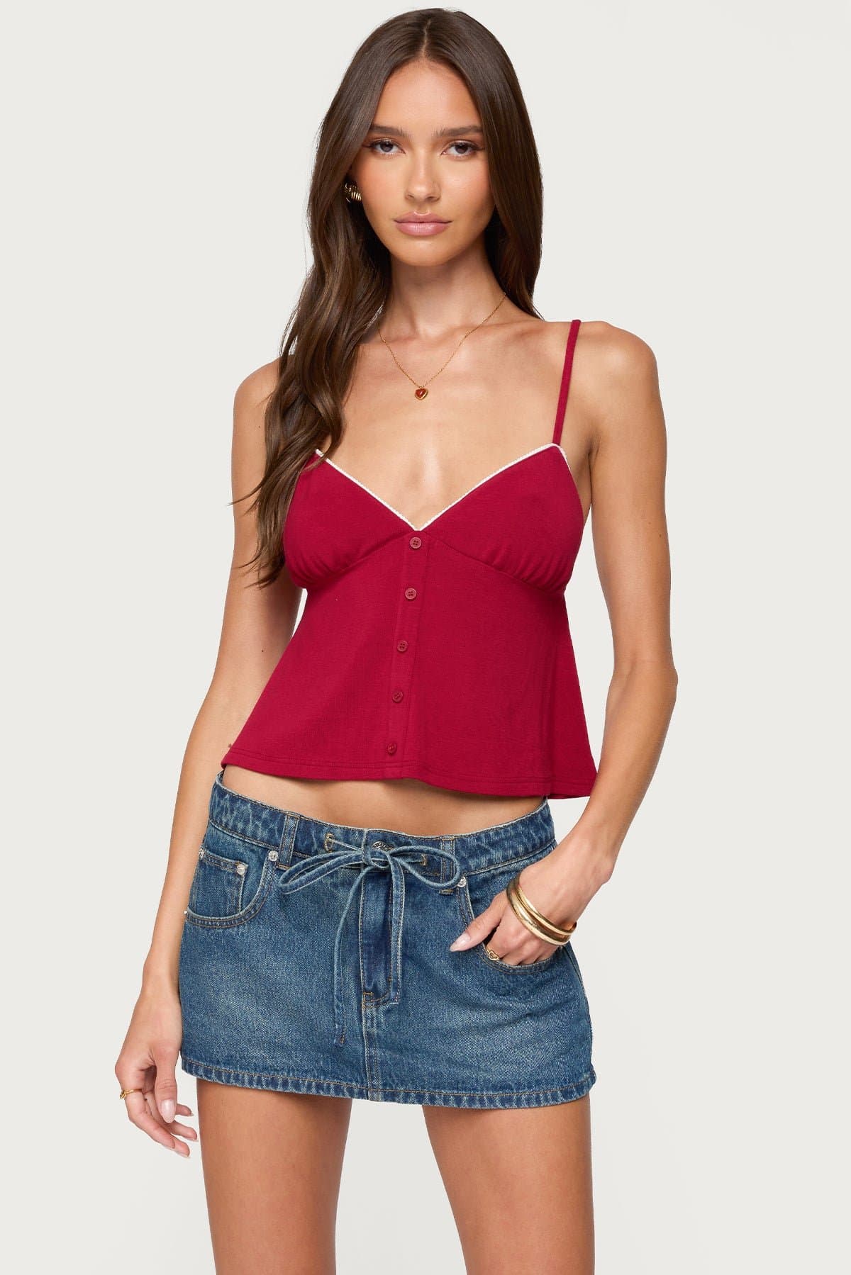 Kellyn Button Contrast Babydoll Tank Top with Adjustable Straps