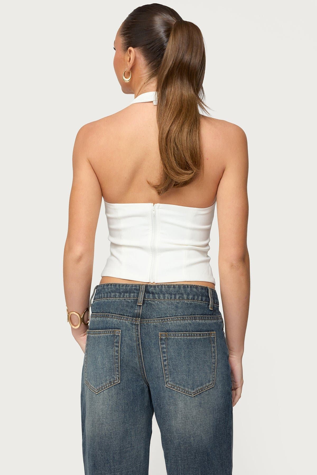 Stassy Abstract Cutout Halter Top - Polyester Spandex Back Zip Closure