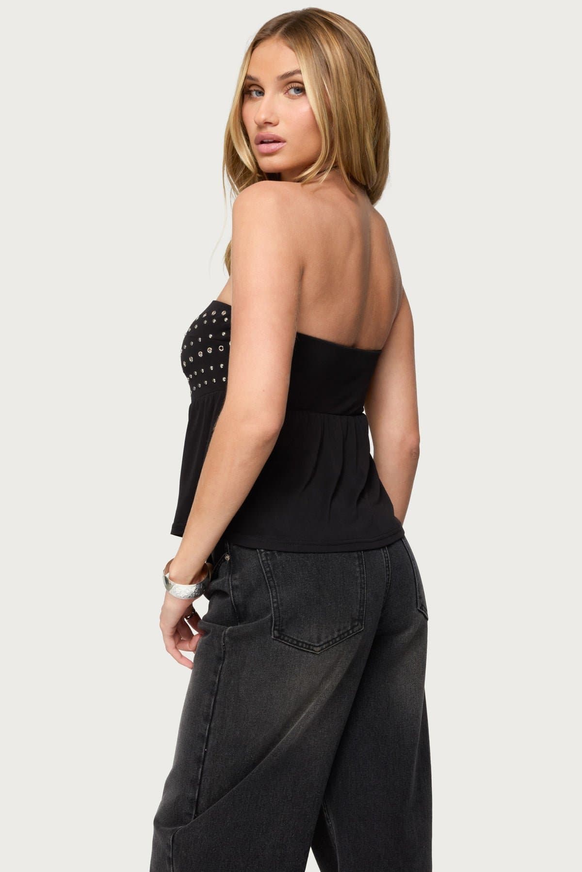 Alease Stud & Grommet Strapless Top in Polyester Rayon Blend