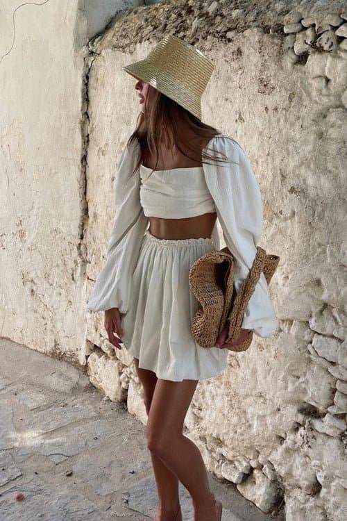 Tie Bandeau Pleated High Waist Mini Skirt Set with Puff Long Sleeves Cotton