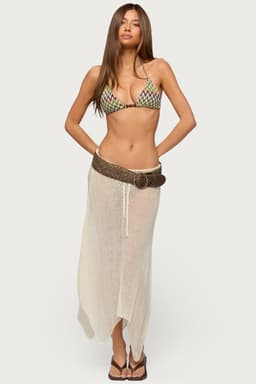 Isla Handkerchief Sheer Knit Midi Skirt Adjustable Tie Waist Asymmetric Hem Polyester