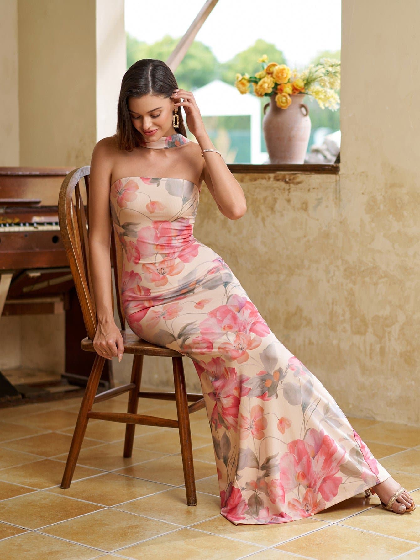 Halter Backless Split Bodycon Floral Print Maxi Dress