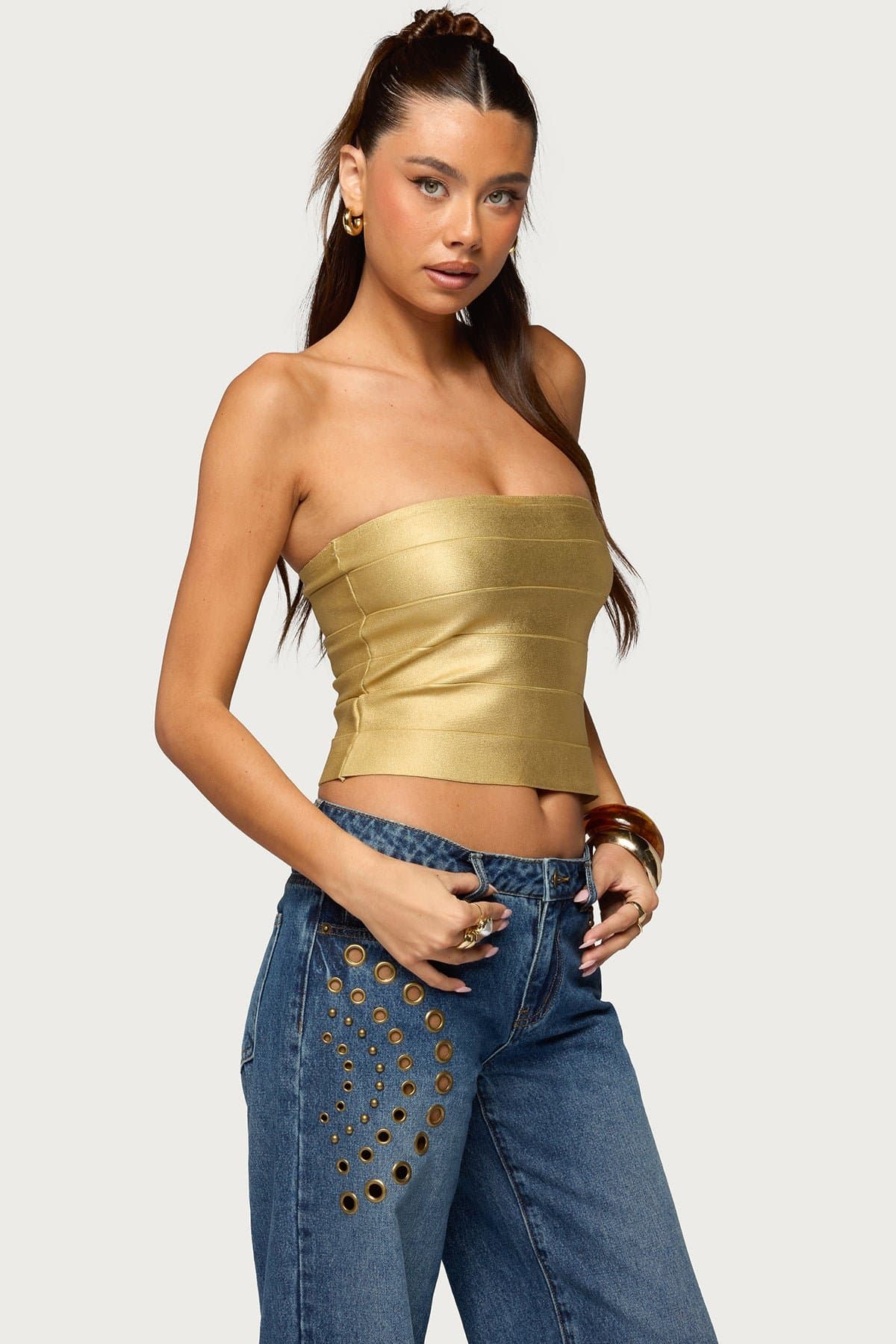 Cecilea Metallic Knit Bandage Tube Top - Polyester Spandex Side Zip S-XL