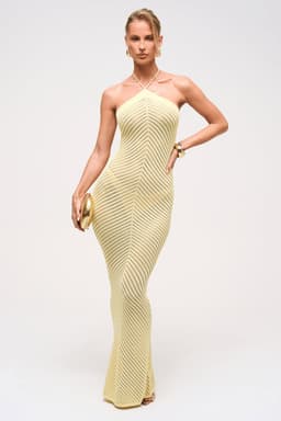 Remy Knitted Chevron Maxi Dress in Primrose Yellow Halterneck