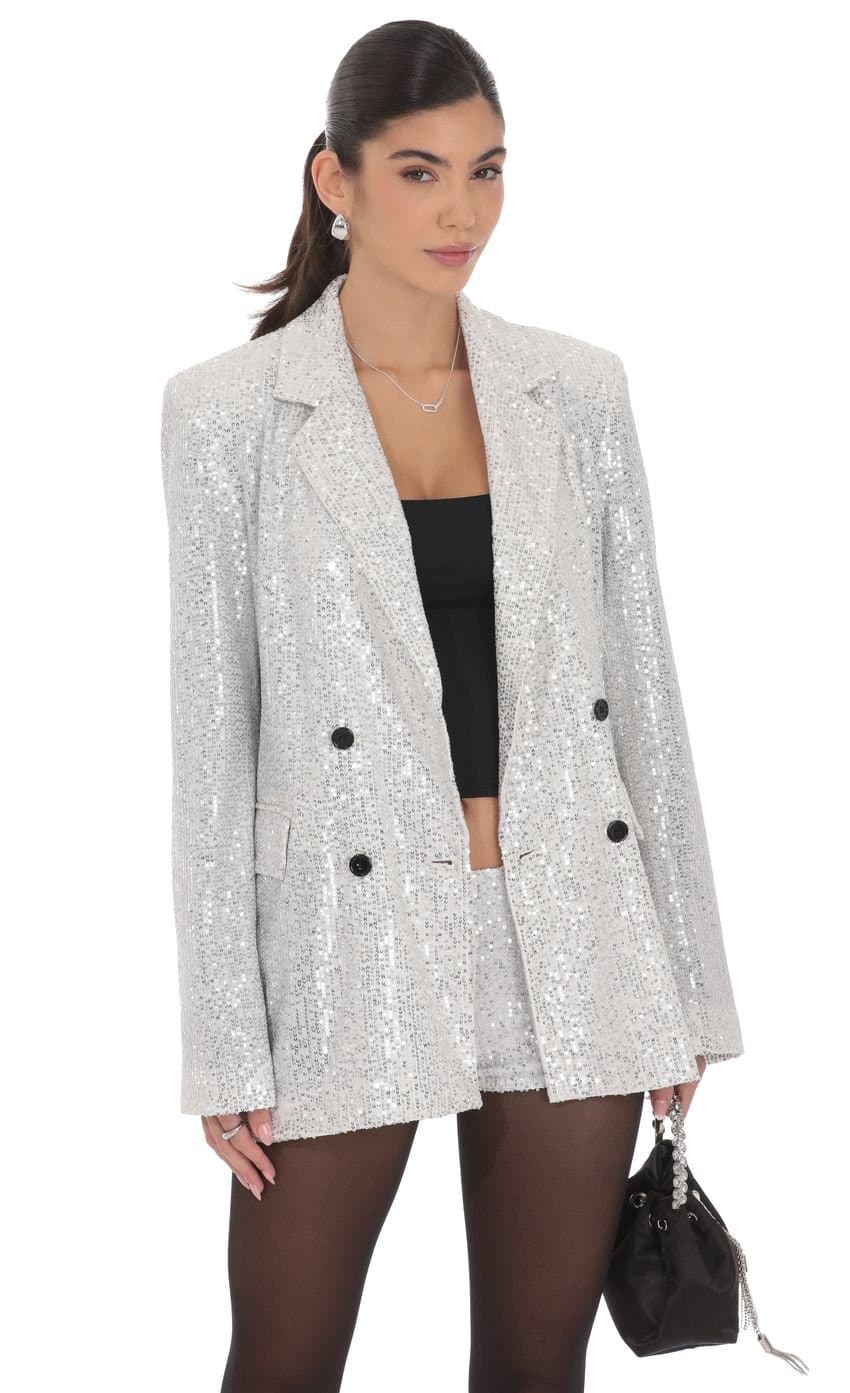 Double Breasted Sequin Blazer in Silver