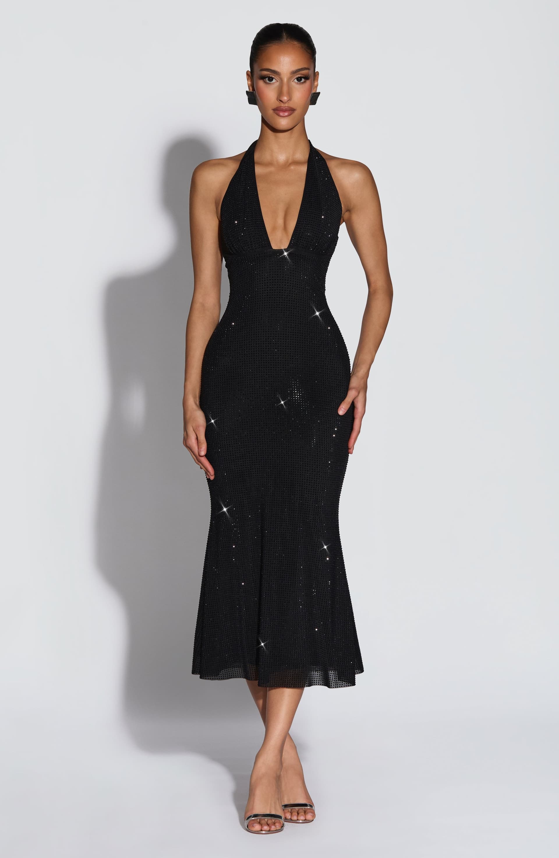 Sonora Midi Dress - Black Stretch Mesh with Rhinestones