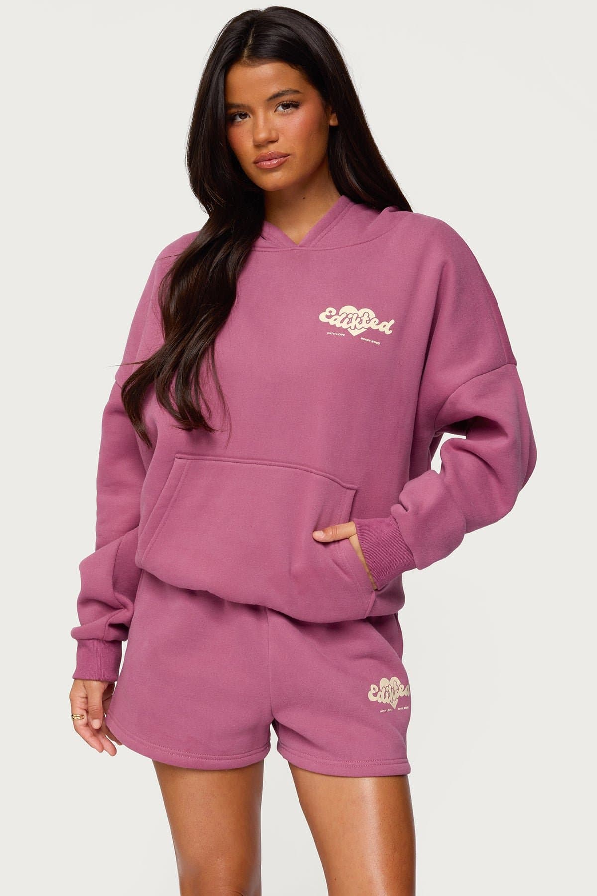 We're Edikted Hoodie with Heart Graphic Print Polyester Cotton Blend