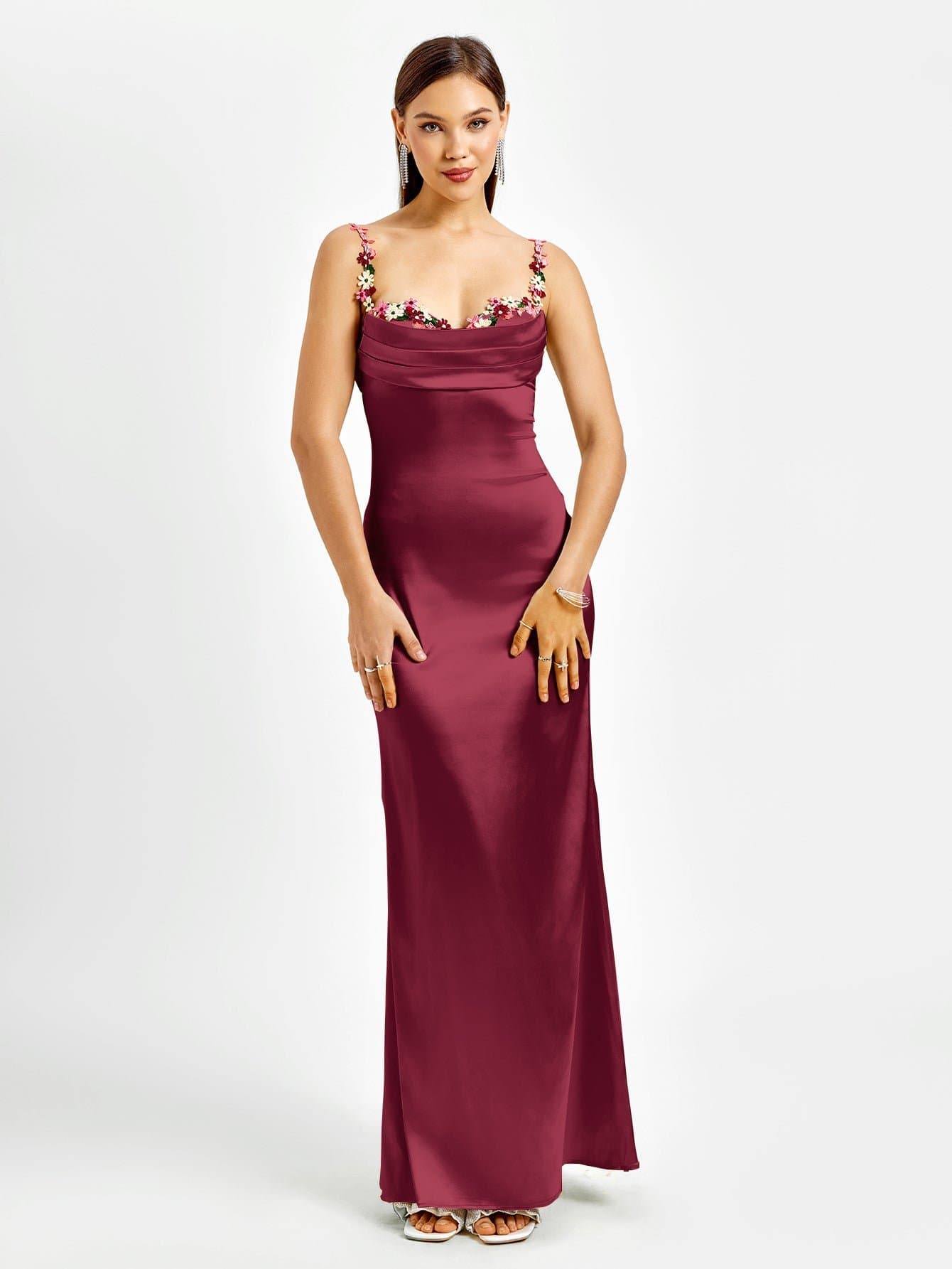 Embellished Strap Tie Back Satin Bodycon Dress