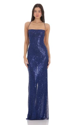 Sequin Mesh Maxi Dress in Blue