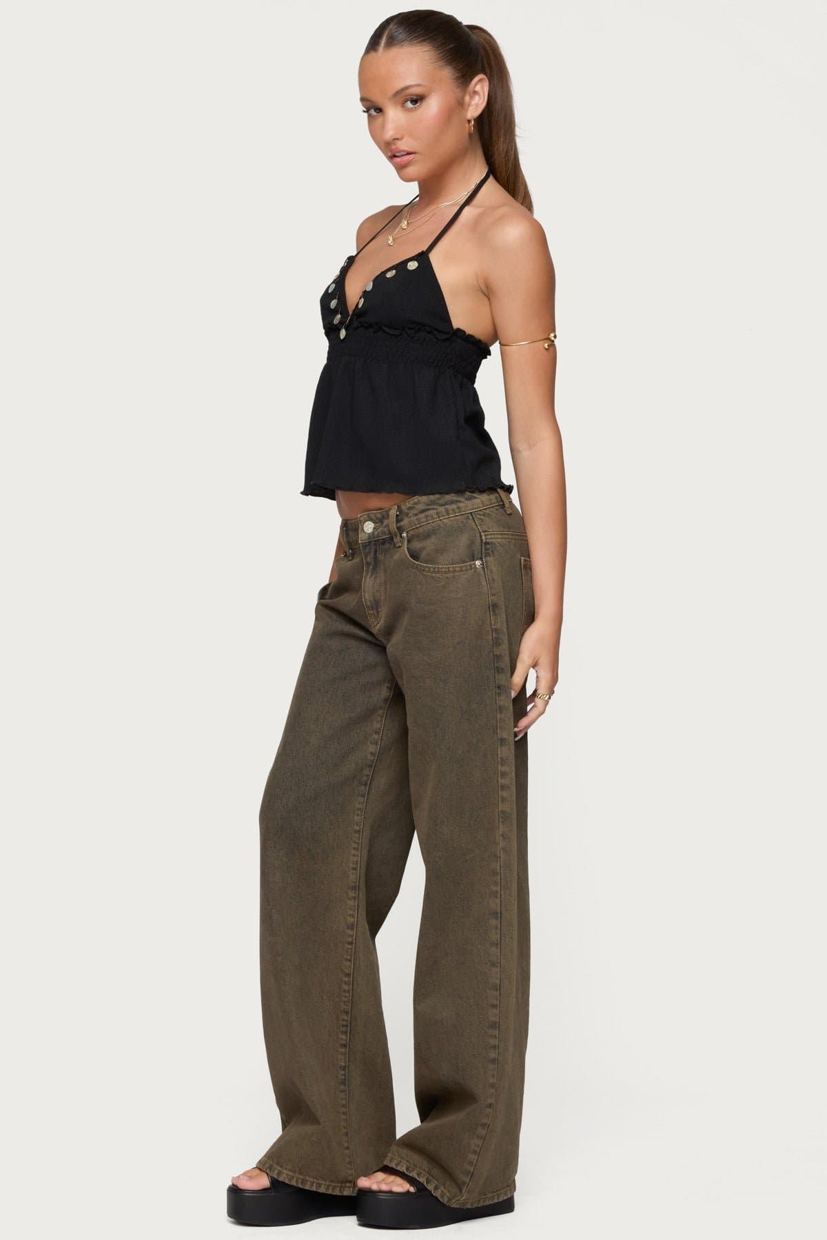 Textured Iridescent Babydoll Halter Top - Lace Ruffle Smocked Polyester Spandex