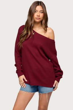 Damari Off Shoulder Oversized Waffle Top - Long Sleeve Rayon Polyester Nylon
