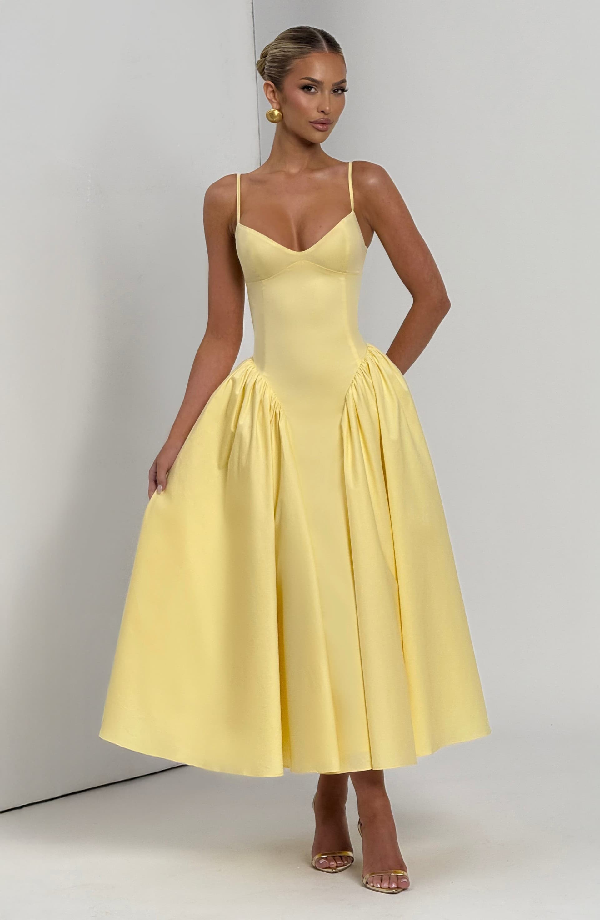 Emerson Midi Dress Lemon Yellow Sweetheart Neckline Lace-Up Back Cotton Nylon Elastane Blend