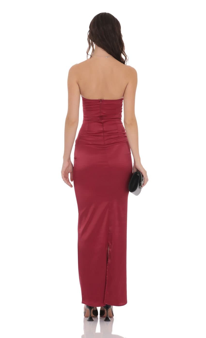 Satin V-Strapless Maxi Dress in Maroon