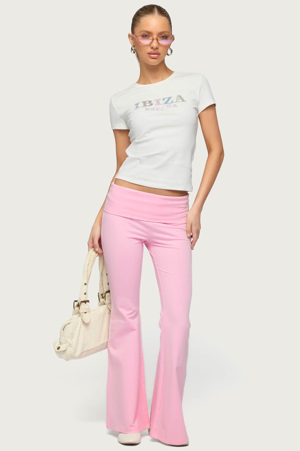 Petite Naomi Foldover Flared Leggings - Cotton Spandex Loungewear Size S Inseam 29.5in