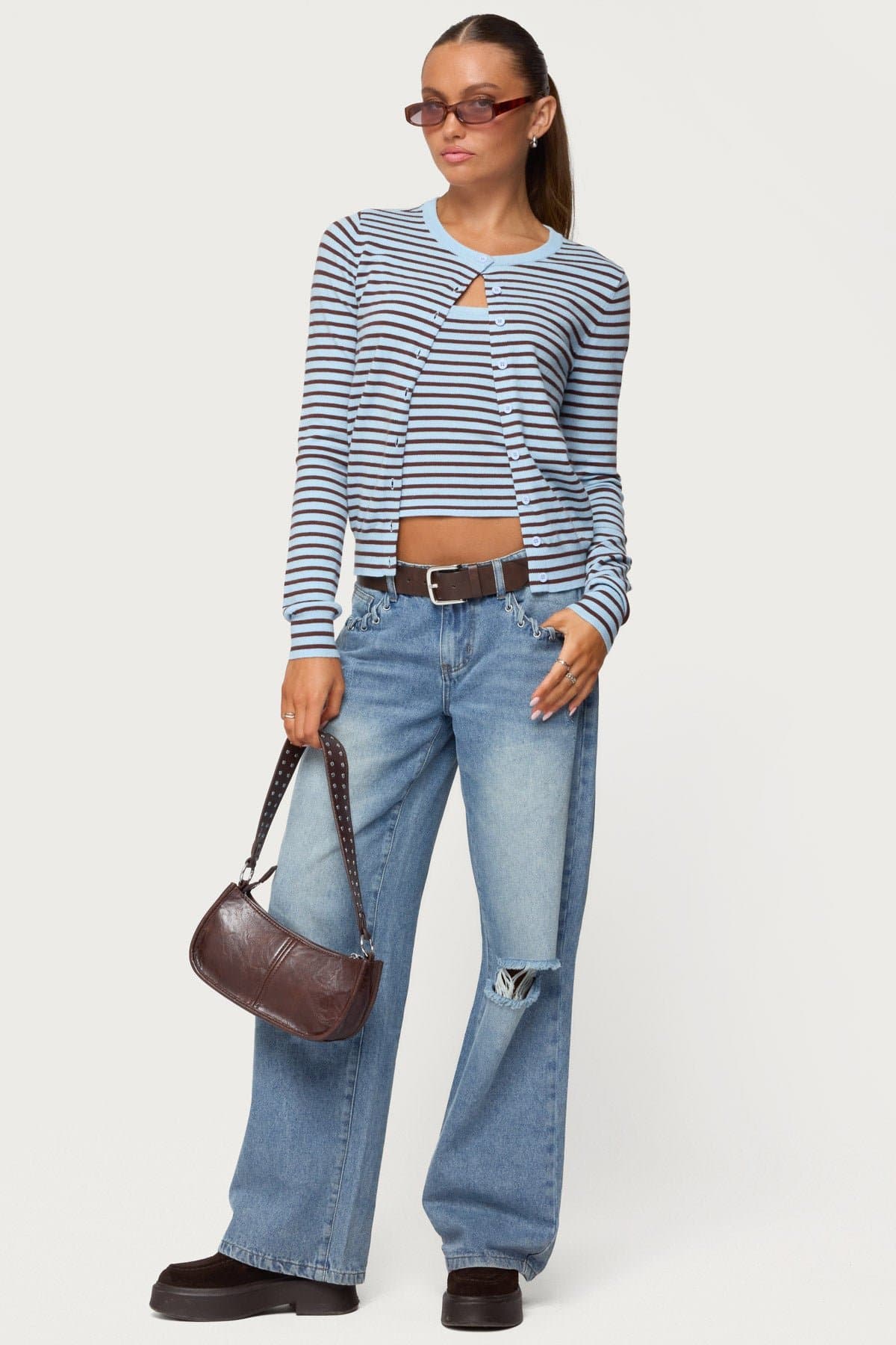 Dutton Distressed Low Rise Baggy Jeans - Rigid Cotton Denim, Lace Up Pockets