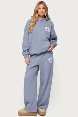 Tropical Bloom Sweatpants - Hibiscus Print Straight Leg Polyester Cotton Elastic Waistband