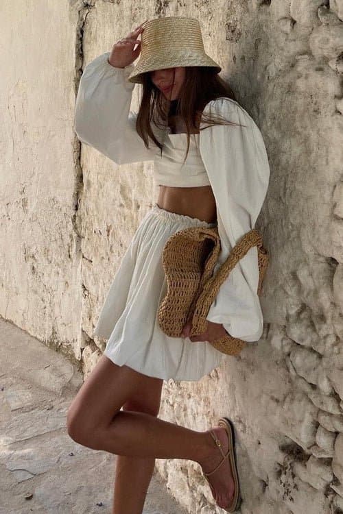 Tie Bandeau Pleated High Waist Mini Skirt Set with Puff Long Sleeves Cotton