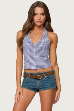 Evan Gingham Button Up Halter Top - 100% Cotton V-Neck Smocked Back