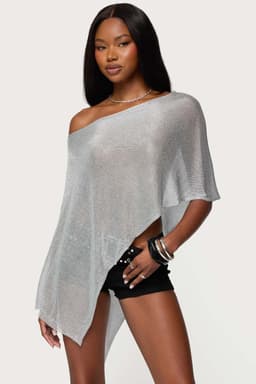 Azalia Asymmetric Knit Poncho - Off Shoulder Shiny Rayon Metallic Fabric