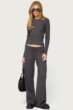 Cicilia Straight Leg Ribbed Pants - Adjustable Tie Waist Cotton Polyester Spandex Loungewear