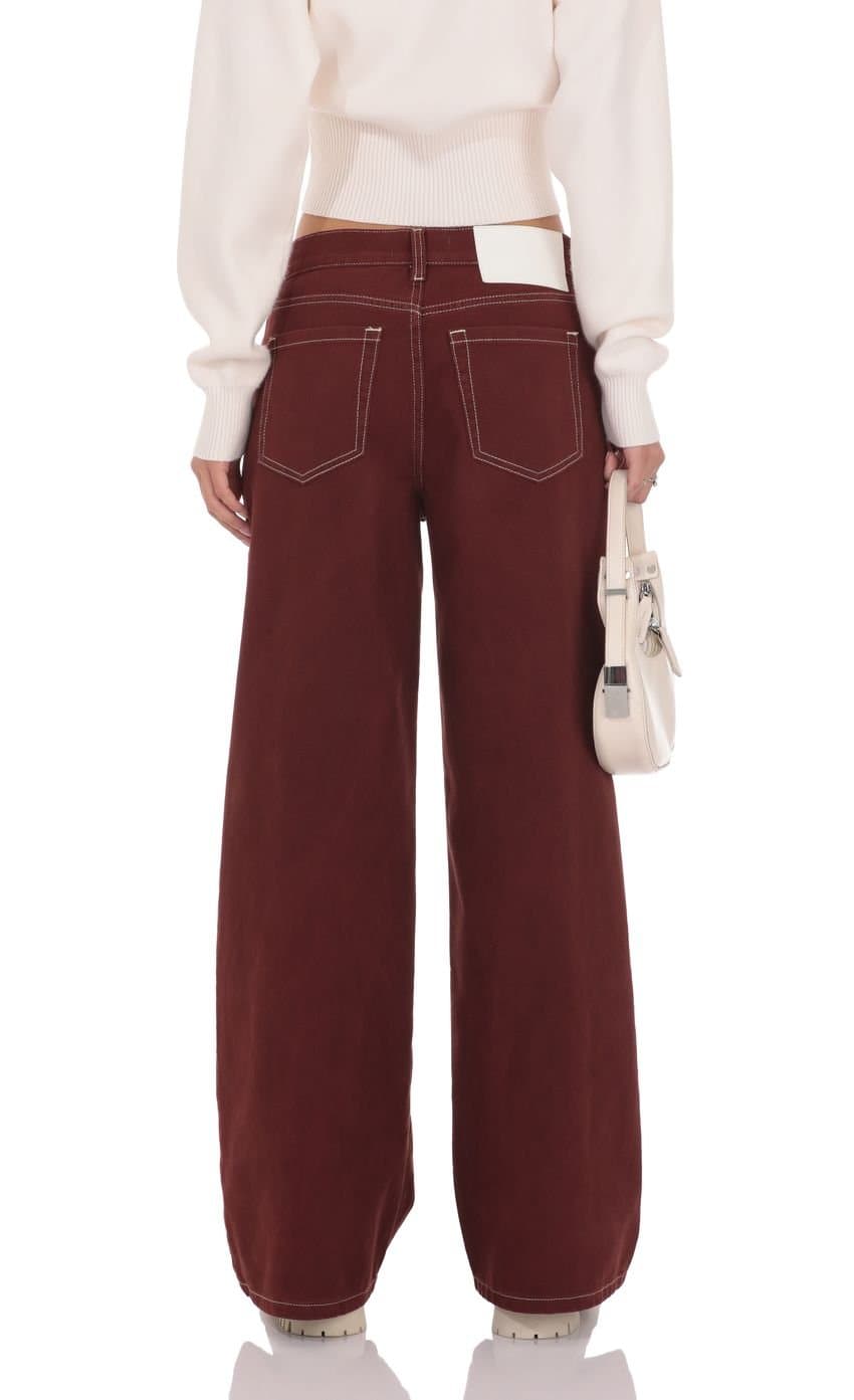 Mid Rise Wide Leg Jeans in Burgundy