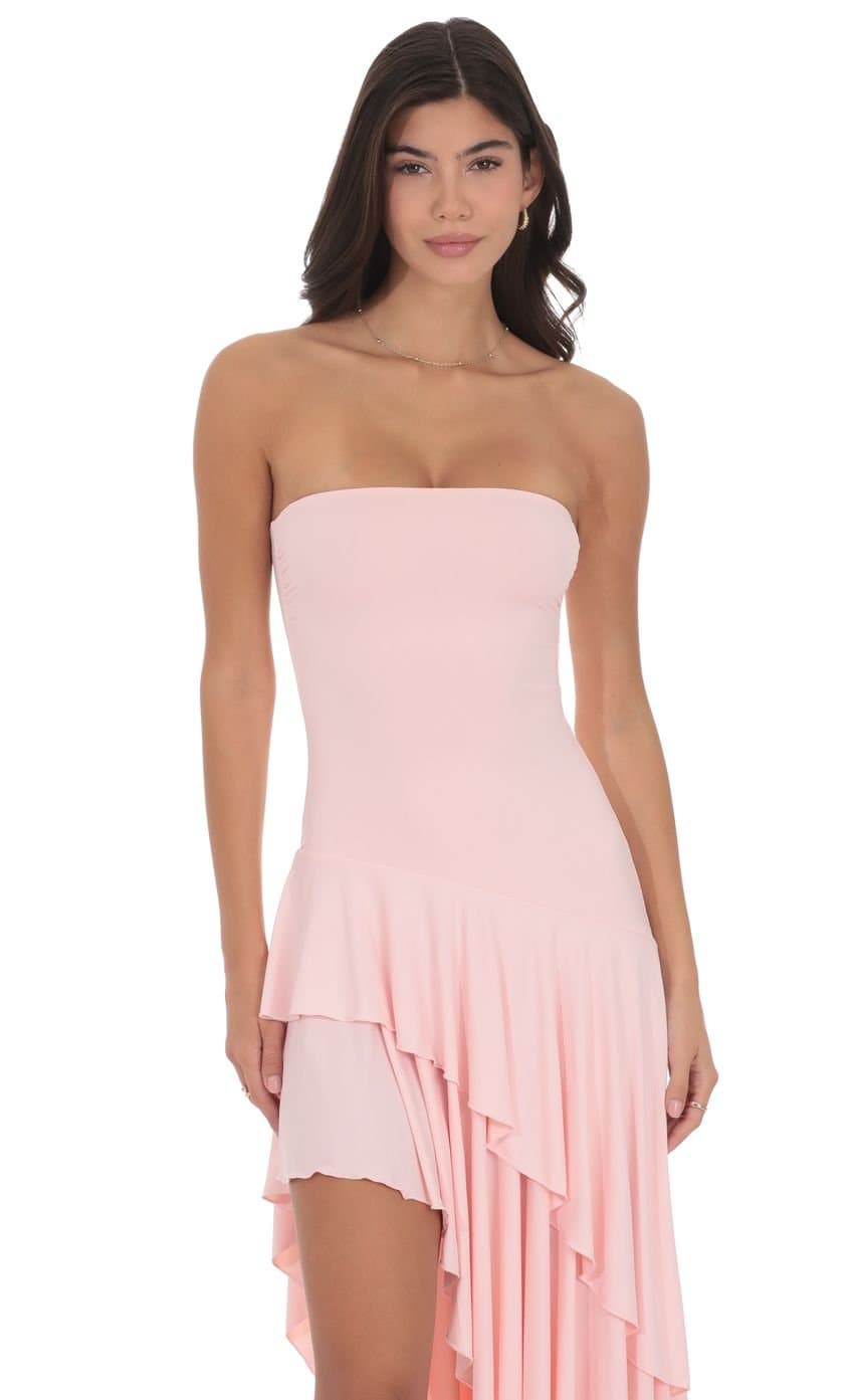 Strapless Ruffle Asymmetrical Maxi Dress in Baby Pink