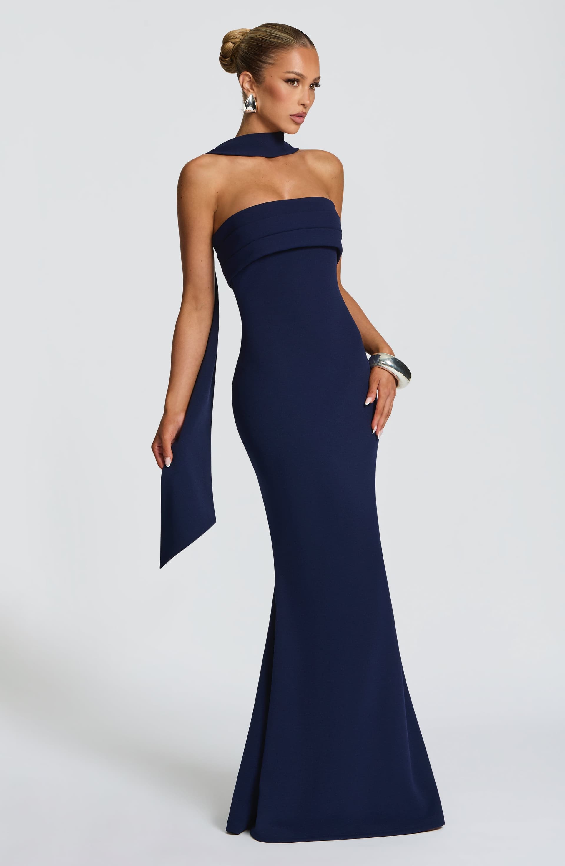 Leura Maxi Dress - Navy Strapless Stretch Crepe Fit and Flare with Pleated Bust
