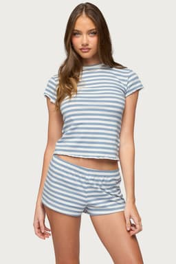 Aubrie Women's Striped T-Shirt with Lettuce Edges - Cotton Spandex