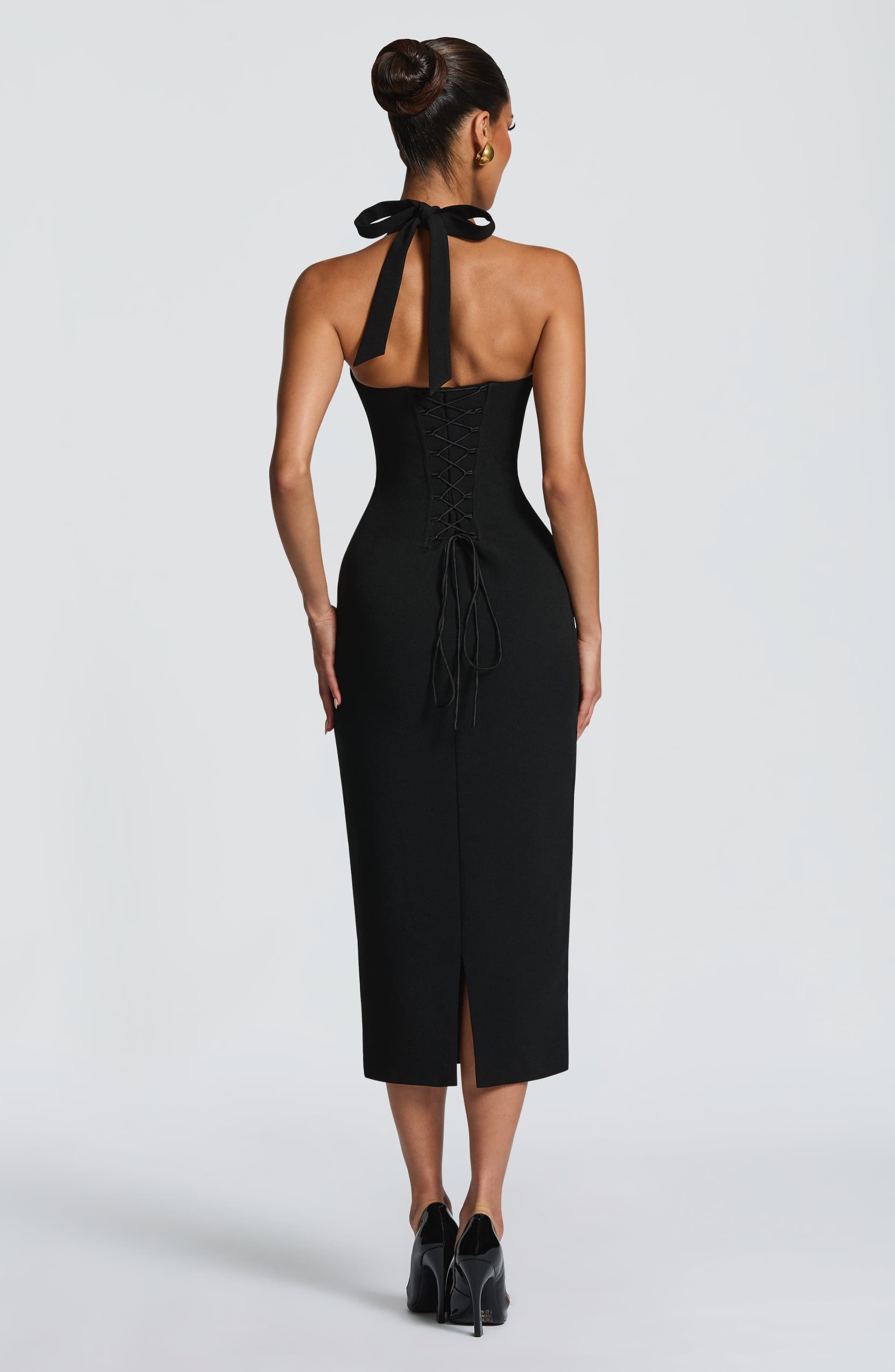 Cassia Midi Dress - Black Non-Stretch Crepe Halterneck Pencil Skirt