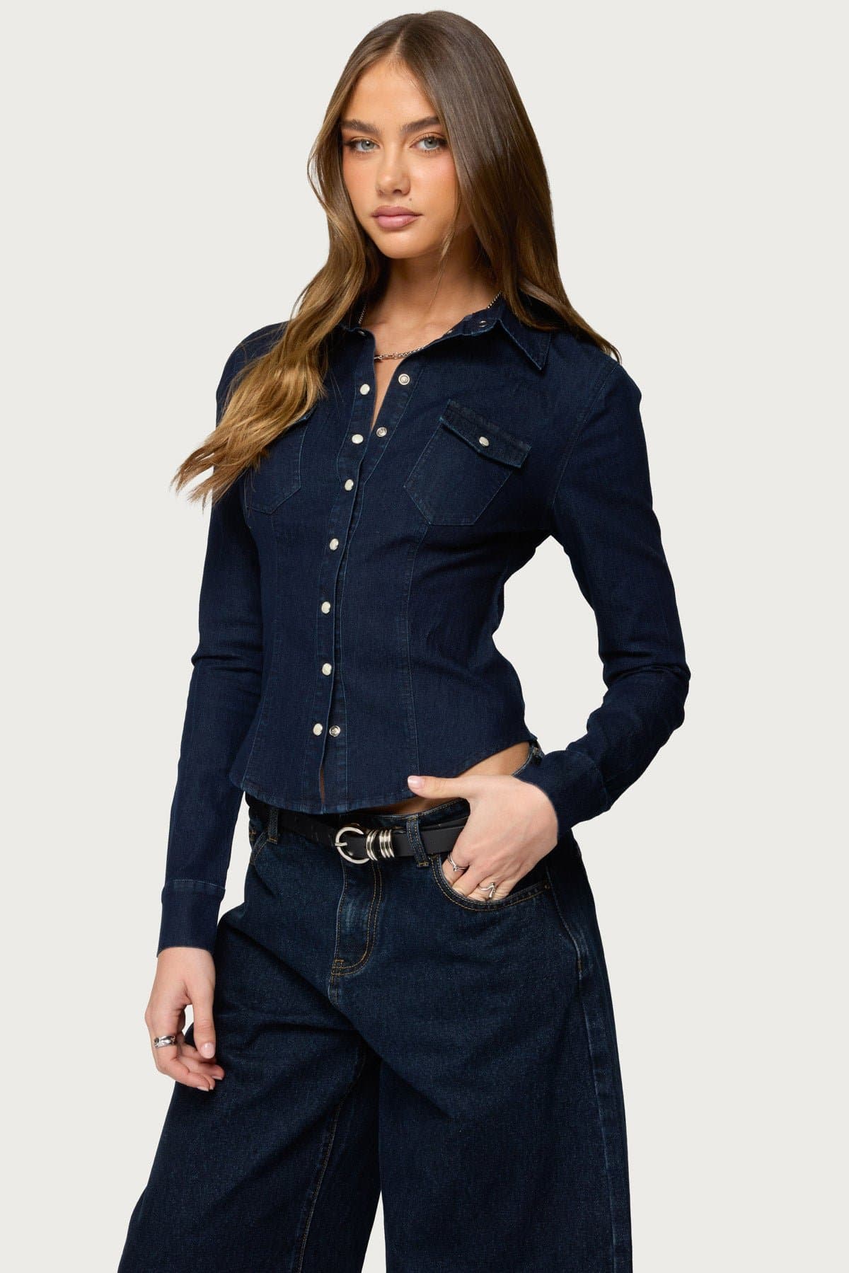 Shylo Stretchy Denim Button Up Shirt Long Sleeve Fitted Cotton Polyester Spandex
