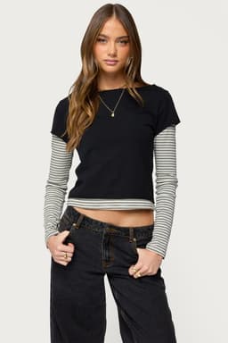 Layered Striped Long Sleeve T-Shirt - Cotton Spandex Unisex