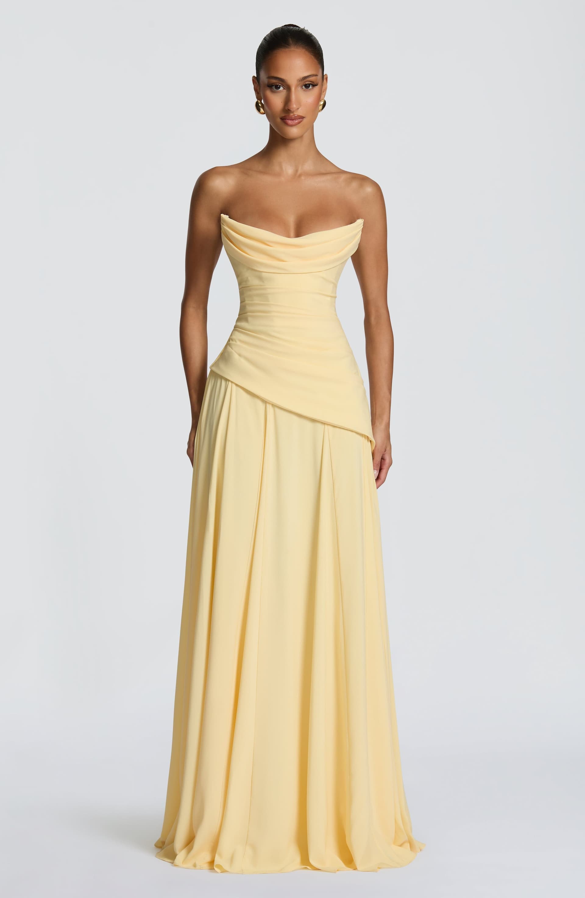 Patricia Lemon Chiffon Maxi Dress - Scooped Neckline, Lace-Up Back, Pleated Bodice
