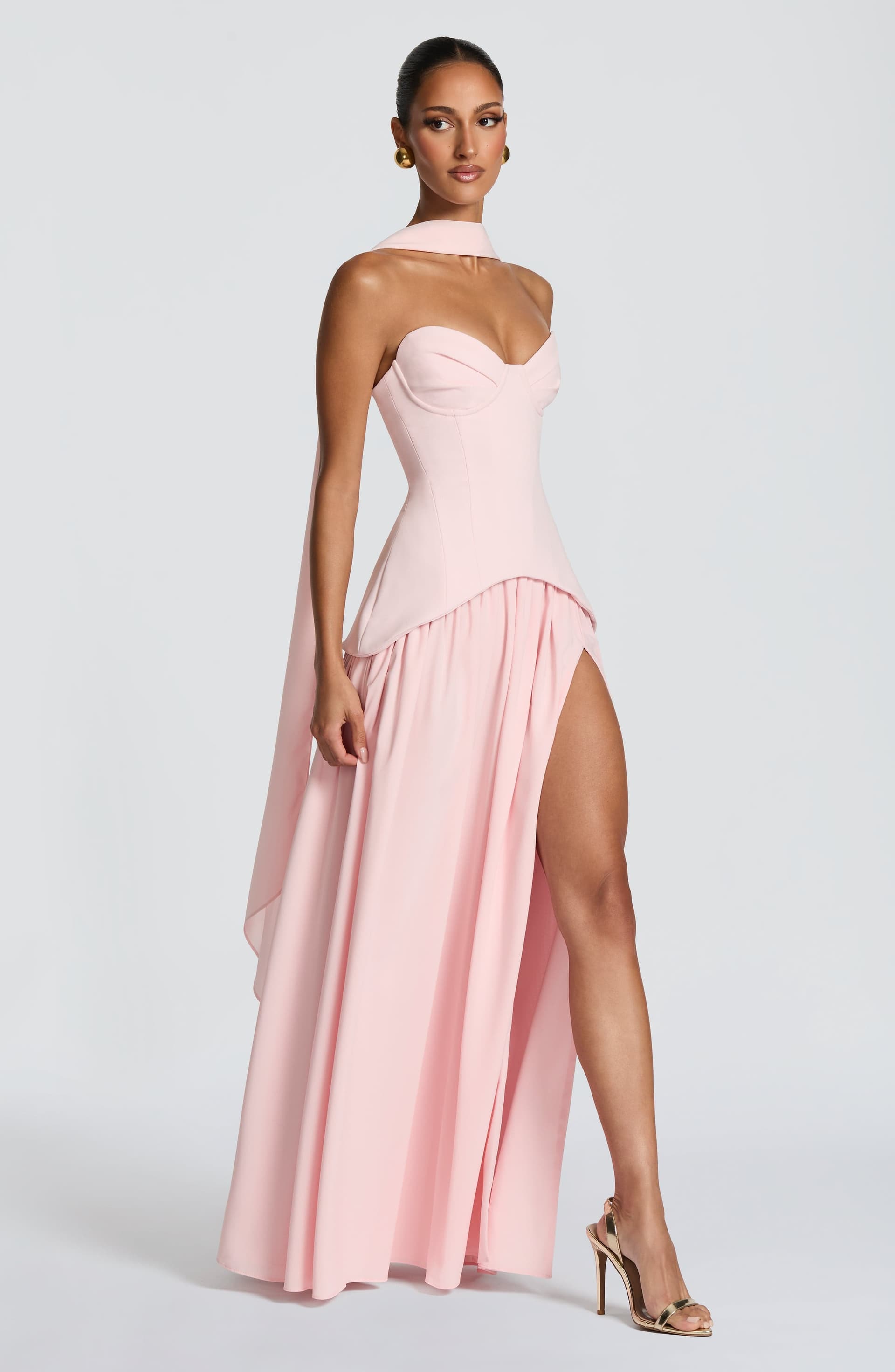 Vietta Maxi Dress in Blush - Crepe Corset Bodice Chiffon Skirt Thigh Split