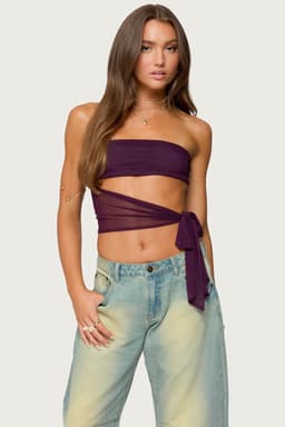 Amaro Strapless Side Tie Cut Out Top - Nylon Spandex Sheer Lined Bust