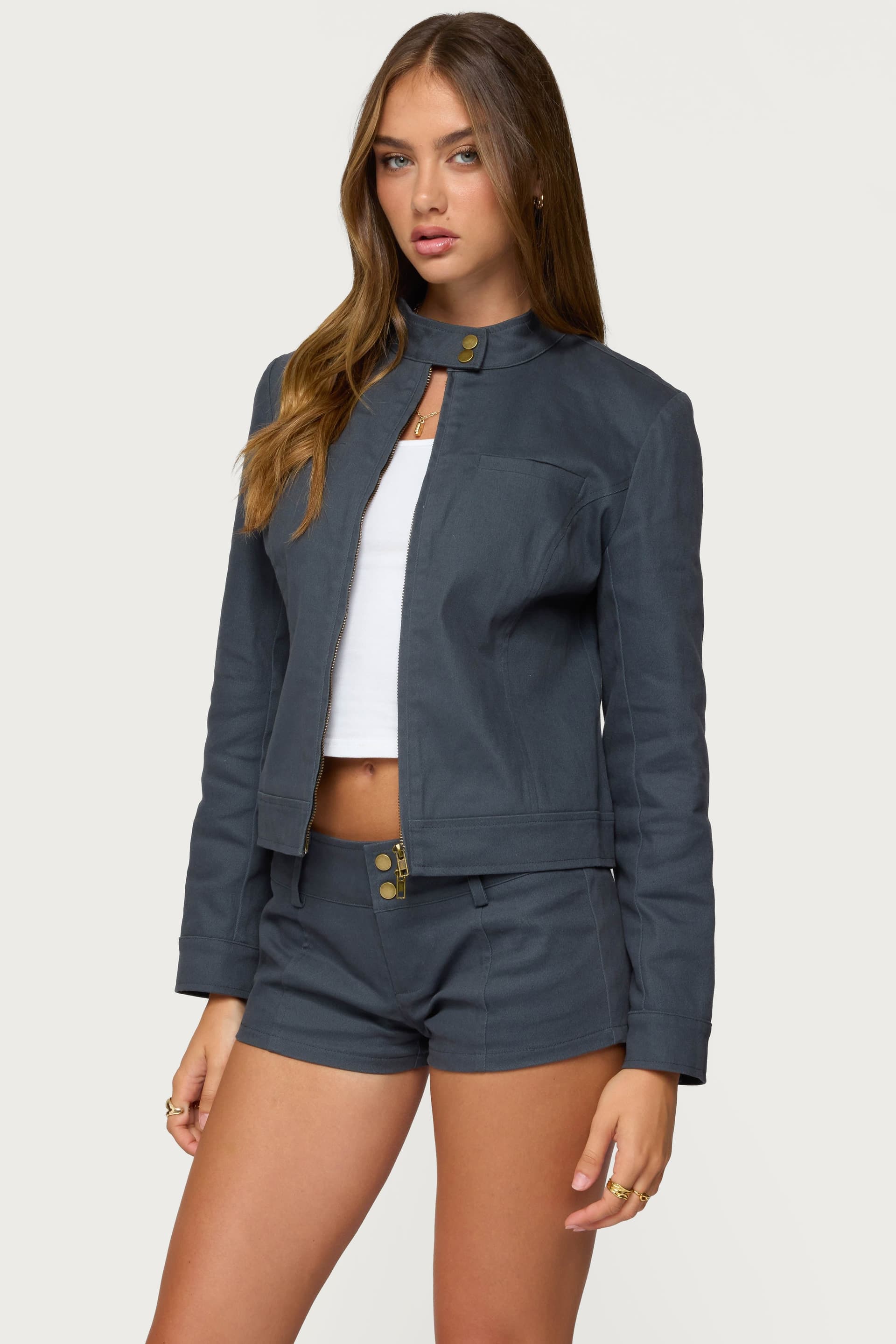 Kayra Moto Jacket - Black Twill Cotton Spandex High Neck Zip Closure