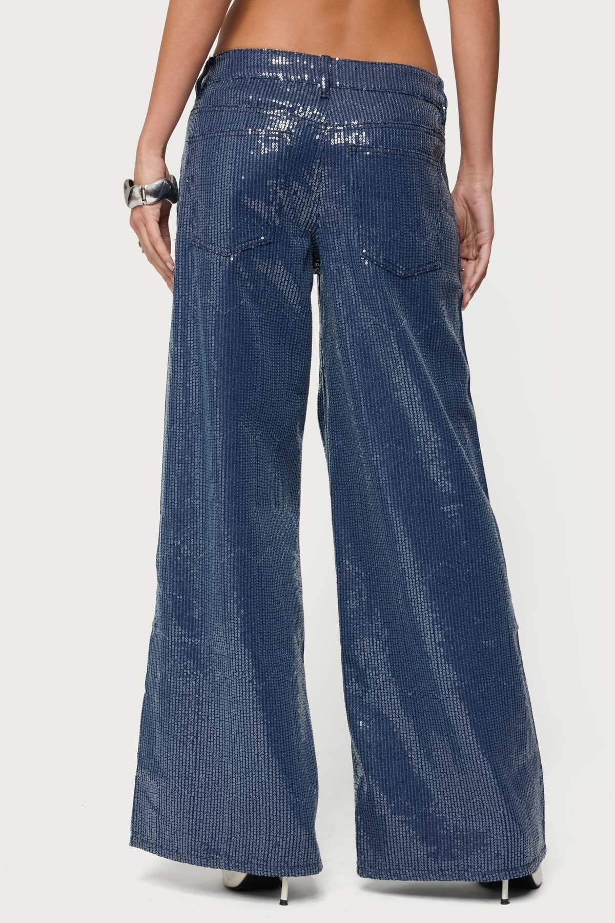 Mirella Sequin Low Rise Baggy Jeans - Rigid Cotton Polyester Denim