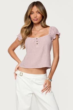 Rhory Pinstripe Babydoll Top - Short Puff Sleeves, Back Tie, Front Buttons, Polyester